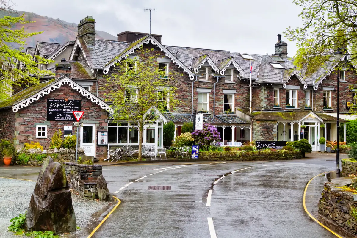 The Wordsworth Hotel and its Lakeland stone gables in the centre of Grasmere village