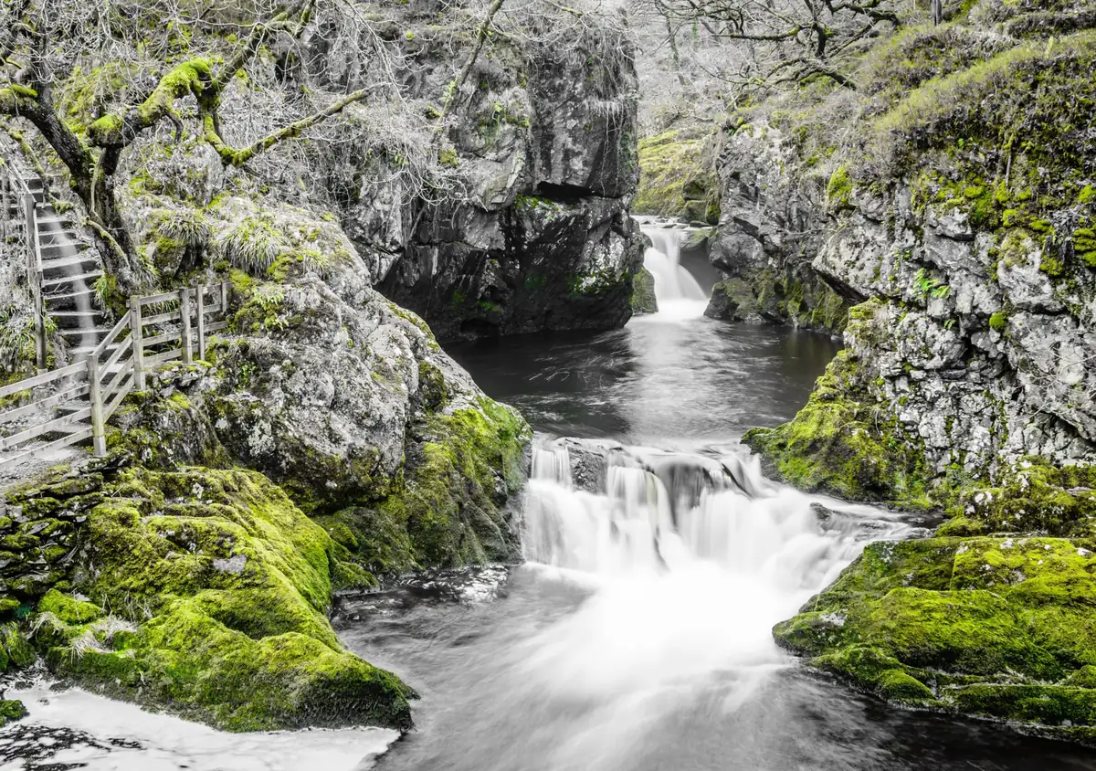 Waterfalls and moss-covered rocks in the gorge on the Ingleton Waterfalls Trail