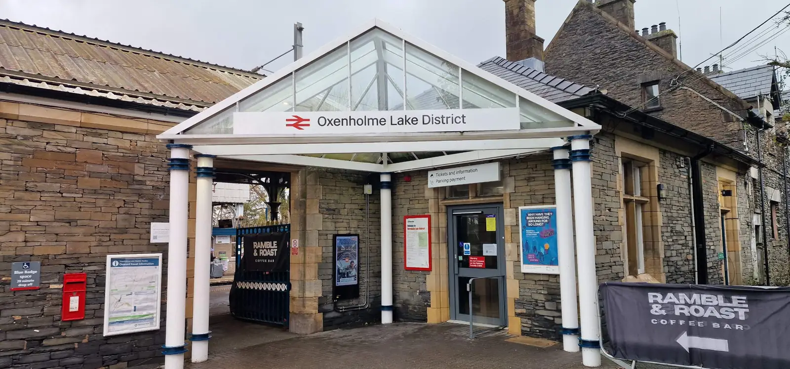 Entrance to Oxenholme Lake District railway station, where the tour meets guests outside the ticket office