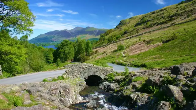 Ashness Bridge with views over Derwentwater, Lake District England